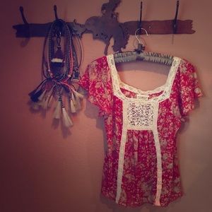 Red & Cream Lace Sheer Blouse, Small, Ralph Lauren